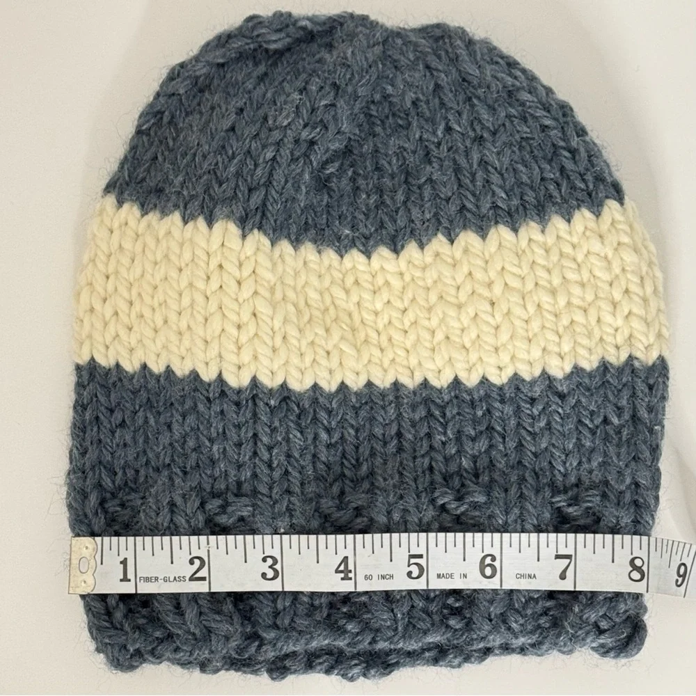 Handmade Knit Beanie – Blue & Cream Stripe
